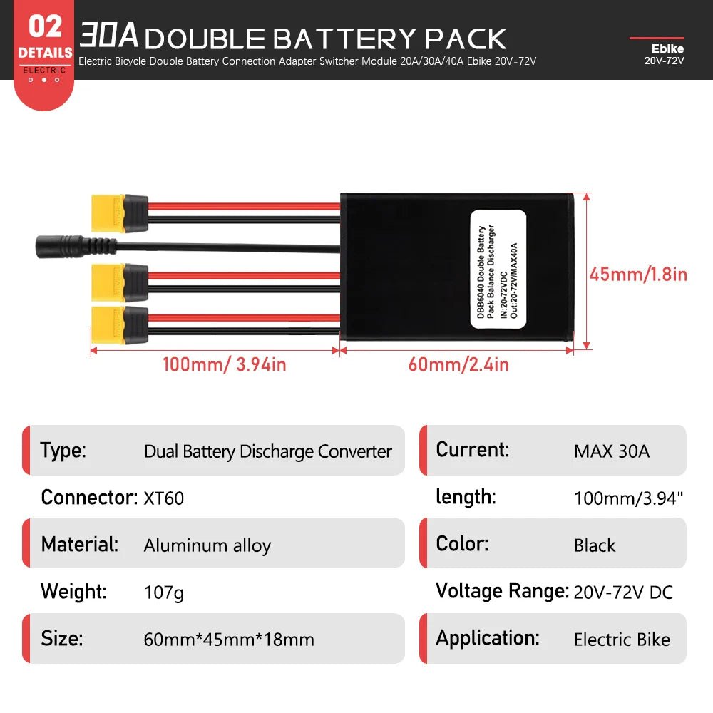 LITTLE TT Dual Battery Balanced Discharge Module – 20A/30A/40A for 20V–72V E - Bikes with Charging Plug - All Service