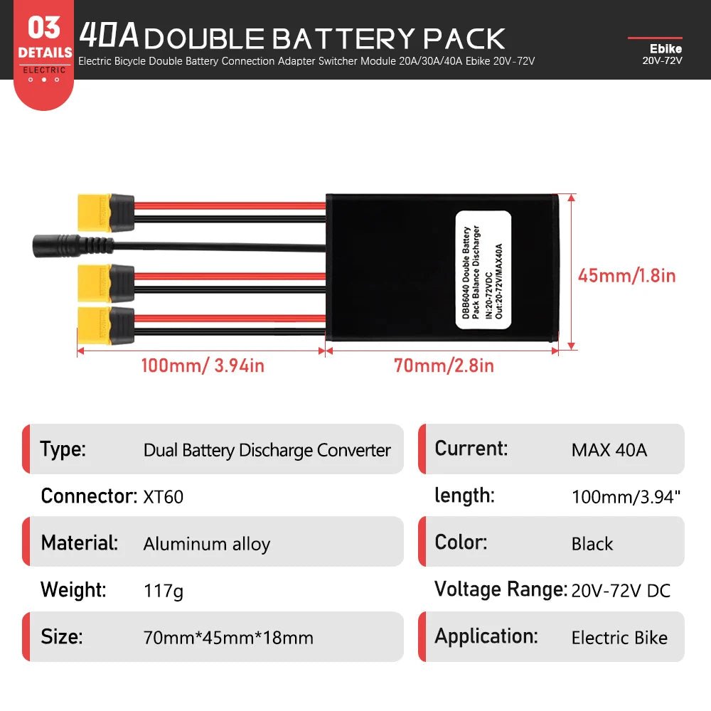 LITTLE TT Dual Battery Balanced Discharge Module – 20A/30A/40A for 20V–72V E - Bikes with Charging Plug - All Service