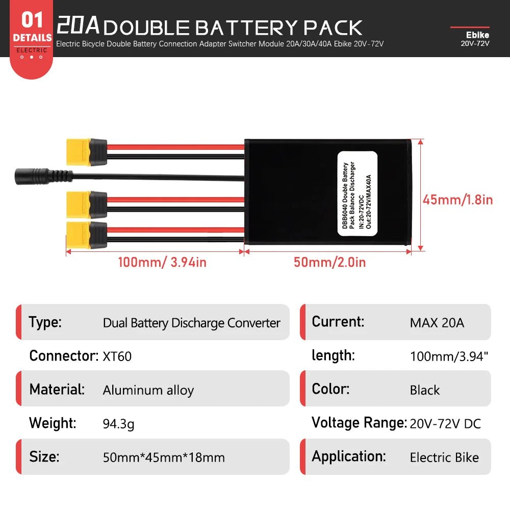 LITTLE TT Dual Battery Balanced Discharge Module – 20A/30A/40A for 20V–72V E - Bikes with Charging Plug - All Service