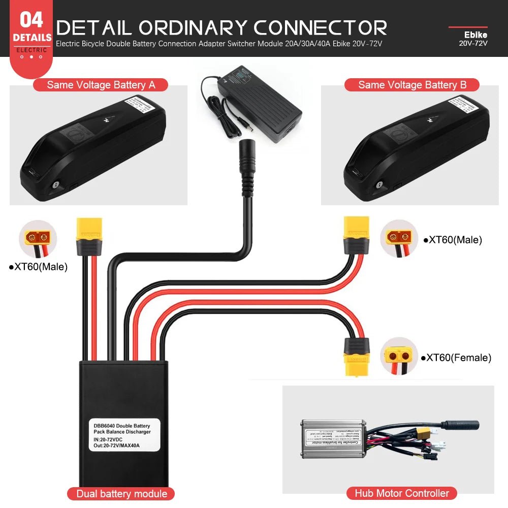 LITTLE TT Dual Battery Balanced Discharge Module – 20A/30A/40A for 20V–72V E - Bikes with Charging Plug - All Service